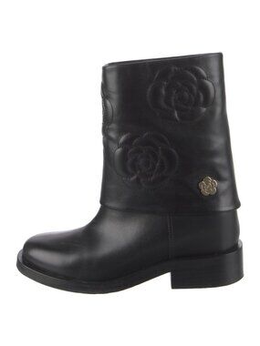Chanel Camellia Accent Black Leather Moto Boots